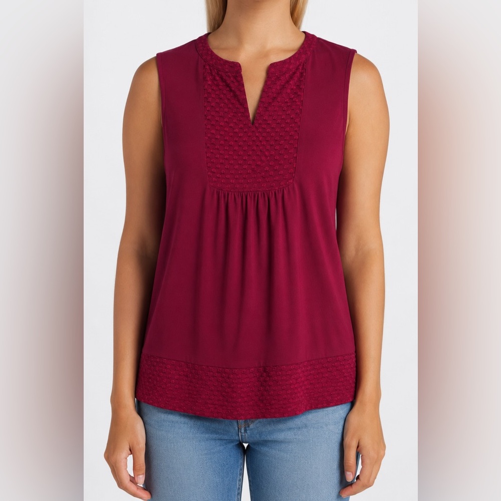 L Les Serein Burgundy Sleeveless Lace-Trim V-Neck Top